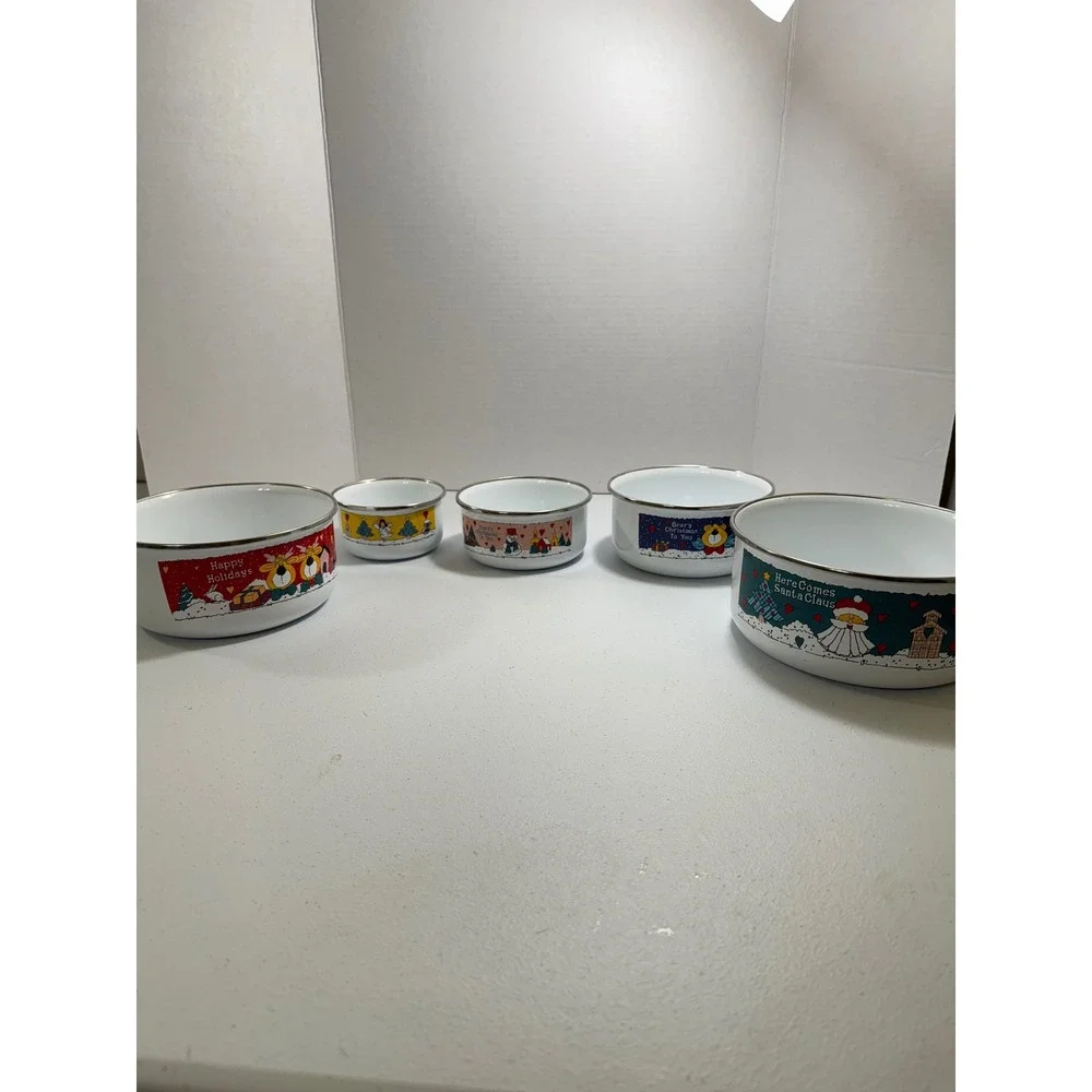 VTG 5*Christmas Enamel Nesting Bowls Set Santa Snowman Reindeer Bear‎ collection